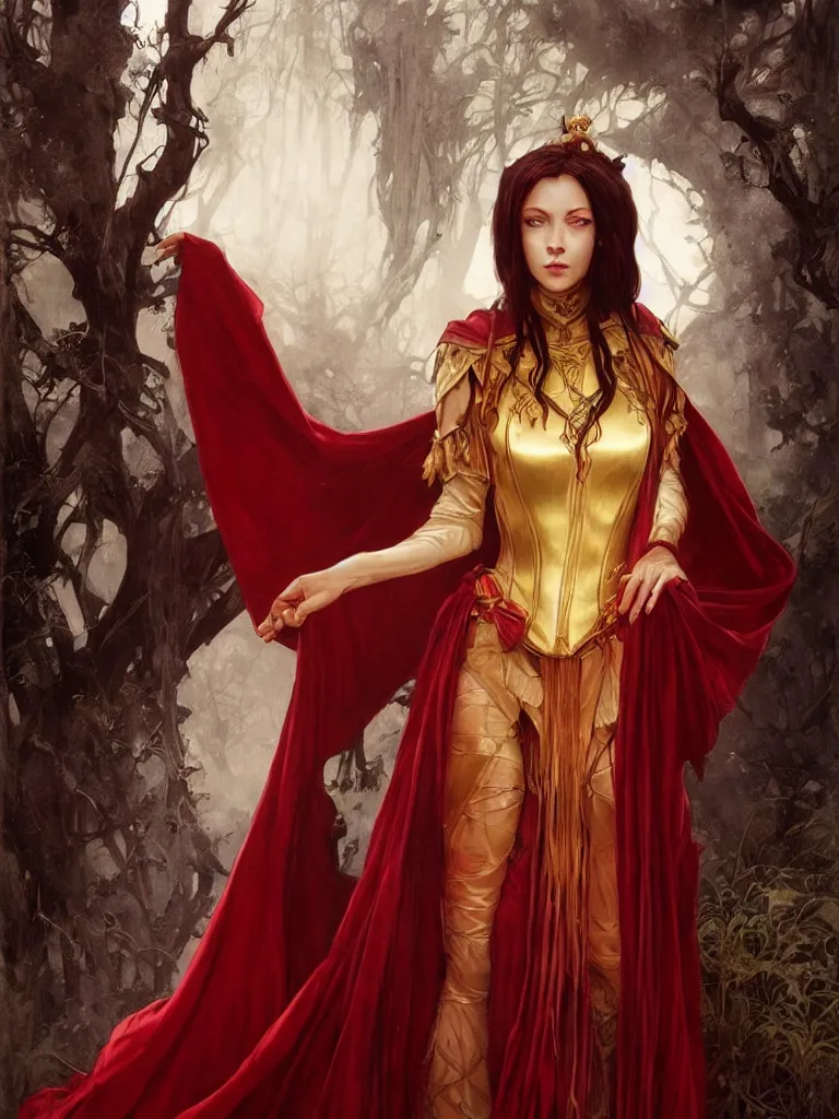 Prompt: Portrait of a beautiful sorceress, alone!!, dnd, d&d, Red robes, golden accents, crimson clothes, corset, young, dark red hair, dark skin, fire eyes, floating, detailed face, highly detailed, high fantasy, matte painting, by Krenz Cushart and Artem Demura and alphonse mucha, artstation, HD, 4K, midjourney