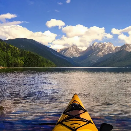 Image similar to a beautiful image of a breathtaking lake with amazing mountains in the background, there is a kayak in the foreground on the beach. landscape image