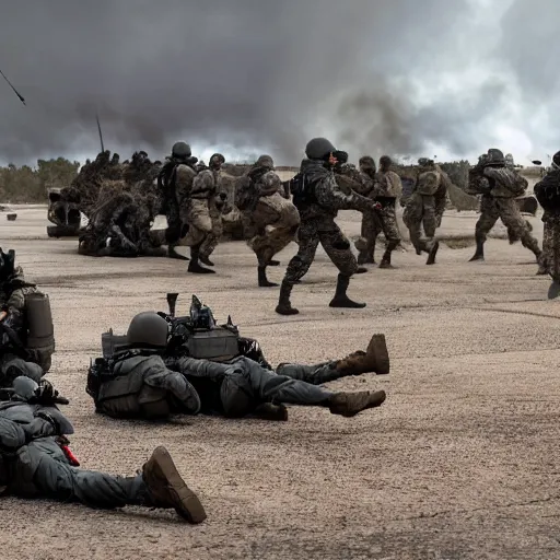 Image similar to Special Forces in grey uniform with black body armor under artillery fire in 2022, photo by Adam Ferguson, Pulitzer Winning, cinematic composition, breathtaking, modern, 2022