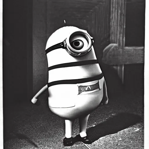 Prompt: old creepy black and white photograph of a minion