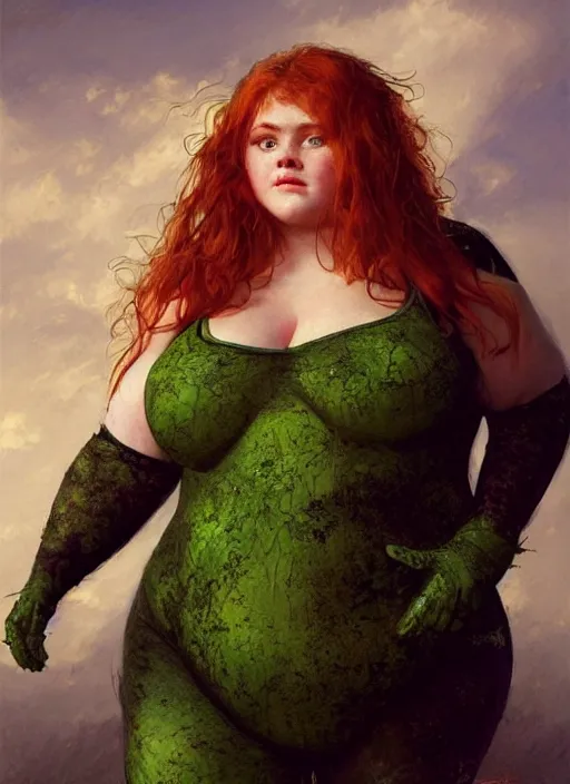 Prompt: A beautiful portrait of 400-pound obese Sadie Sink as 400-pound obese Poison Ivy from Batman movie, digital art by Eugene de Blaas and Ross Tran, vibrant color scheme, highly detailed, in the style of romanticism, cinematic, artstation, Greg rutkowski