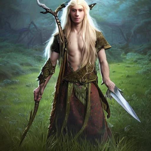 Prompt: a beautiful portrait of an epic fantasy style mystical forest elf man with long blond hair holding a epic elven sword and a dagger with a bow strapped across his chest in the midst of a grassy meadow, oil painting, Greg Rutkowski, Charlie Bowater, swordsman, unreal 5, DAZ, hyperrealistic, octane render, RPG portrait, dynamic lighting, fantasy art, beautiful face