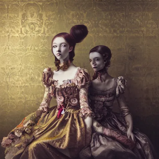 Image similar to 8k, octane render, fine detail, realism, tonalism, renaissance, rococo, baroque, group of creepy young ladies wearing long harajuku manga dress with flowers and skulls, background chaotic gold leaf flowers