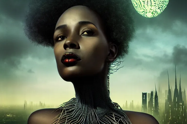 Prompt: realistic detailed photorealistic portrait movie shot of a beautiful black woman with a giant spider, dystopian city landscape background by denis villeneuve, amano, yves tanguy, alphonse mucha, ernst haeckel, david lynch, edward robert hughes, roger dean, cyber necklace, fashion shoot, rich moody colours, cyber patterns, wide angle