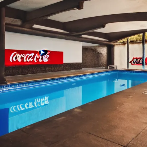 Image similar to pool with black water, coca cola logo on the walls, 4k, photo