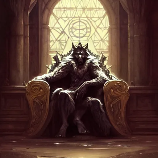 Prompt: a werewolf king in your throne room, intricate, elegant, highly detailed, digital painting, artstation, concept art, smooth, sharp focus, illustration, thriller atmosphere, art by artgerm and greg rutkowski and alphonse mucha