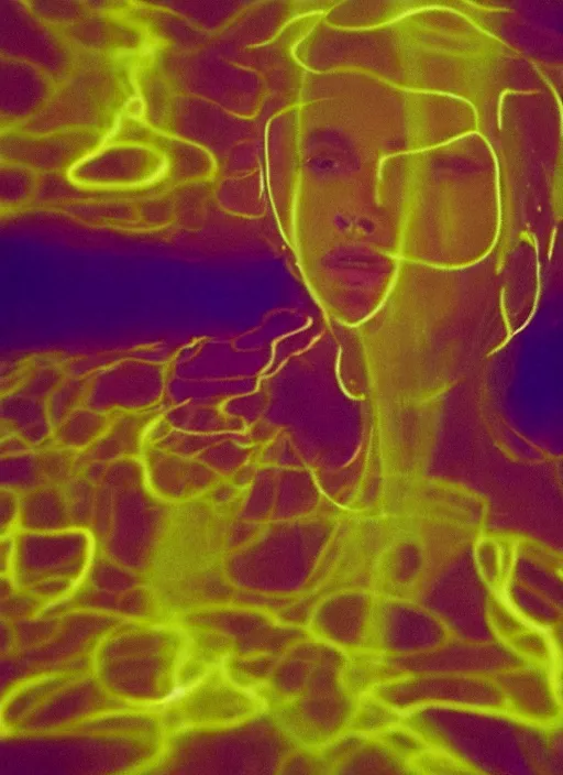 Prompt: symmetrical females ascending astral projection, liquid glowing auras, motion blur, long exposure, film grain, cinematic lighting, experimental film, shot on 1 6 mm