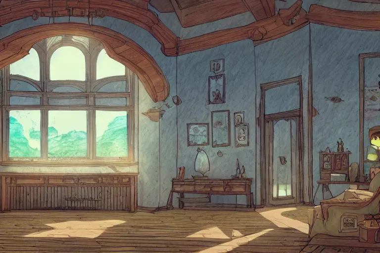 Prompt: interior wide angle shot of a fantasy coastal villa in the style of studio ghibli, moebius, makoto shinkai