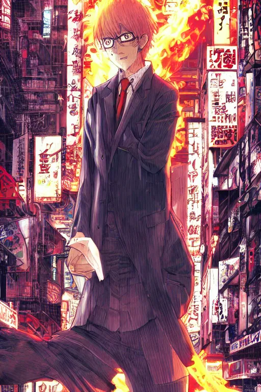 Image similar to manga cover, orange-headed businessman, intricate cyberpunk city, emotional lighting, character illustration by tatsuki fujimoto, chainsaw man, fire punch