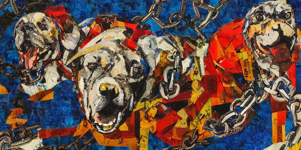 Prompt: mad dog on a chain, collage, acrylic on canvas, expressionism movement, breathtaking detailed, by blake neubert