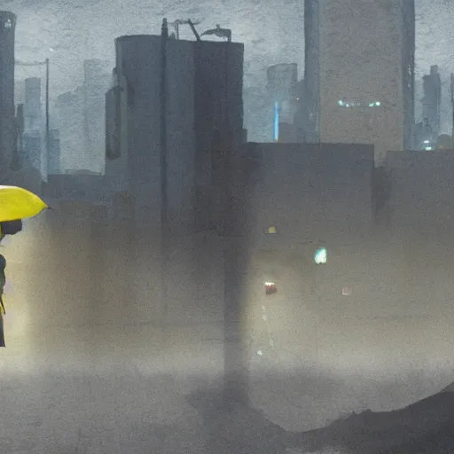 Image similar to incredible wide screenshot, ultrawide, simple watercolor, rough paper texture, ghost in the shell movie scene, backlit distant shot of girl in a parka running from a giant robot invasion side view, yellow parasol in deserted dusty shinjuku junk town, broken vending machines, bold graphic graffiti, old pawn shop, bright sun bleached ground, mud, fog, dust, windy, scary robot monster lurks in the background, ghost mask, teeth, animatronic, black smoke, pale beige sky, junk tv, texture, brown mud, dust, tangled overhead wires, telephone pole, dusty, dry, pencil marks, genius party,shinjuku, koji morimoto, katsuya terada, masamune shirow, tatsuyuki tanaka hd, 4k, remaster, dynamic camera angle, deep 3 point perspective, fish eye, dynamic scene