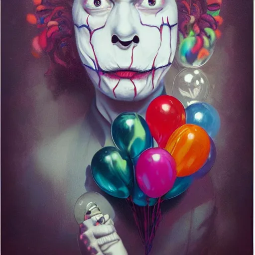 Image similar to creepy clown with colourful marbles and balloons, realistic, by Anato Finnstark, Tom Bagshaw, Brom