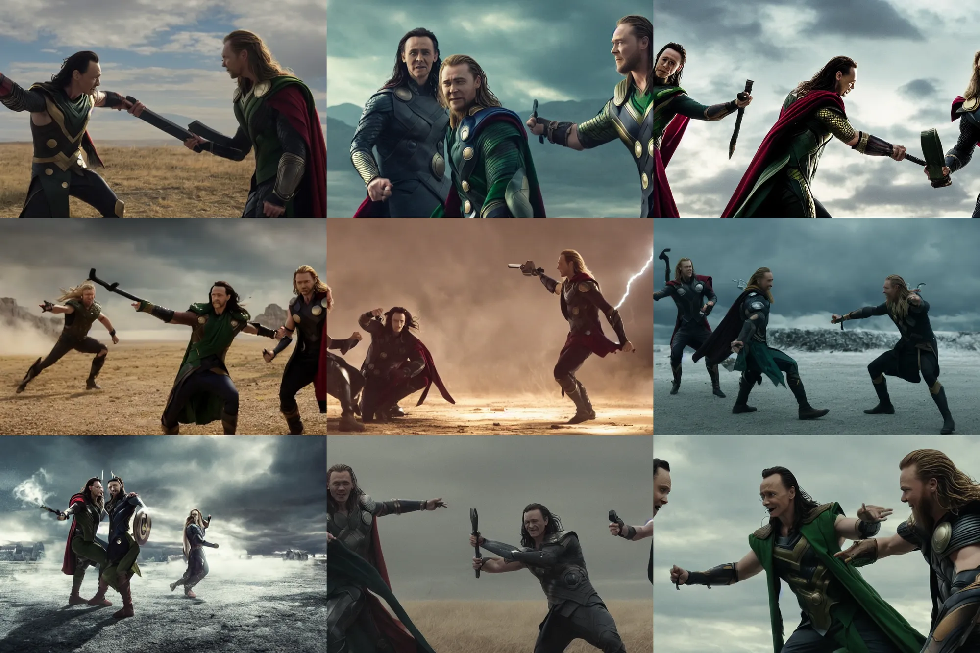 Prompt: loki and thor in a gunfight, photo cinematography