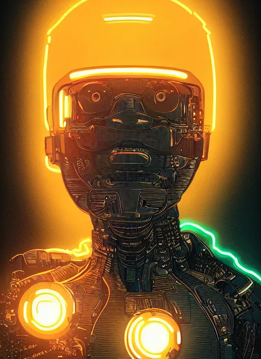 Image similar to portrait of a cyborg humanoid with mechanical and electronic element, neon light, illustrated by Laurie Greasley and Michael Whelan, highly detailed, trending on artstation