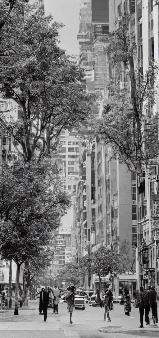 Prompt: a 1 9 8 0 s bustling city street with pedestrians and trees