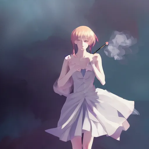 Prompt: woman in a dress smoking a cigarette by krenz cushart, wlop, dark room, white smoke, chromatic aberration, white smoke, trending on ArtStation Pixiv, anime girl