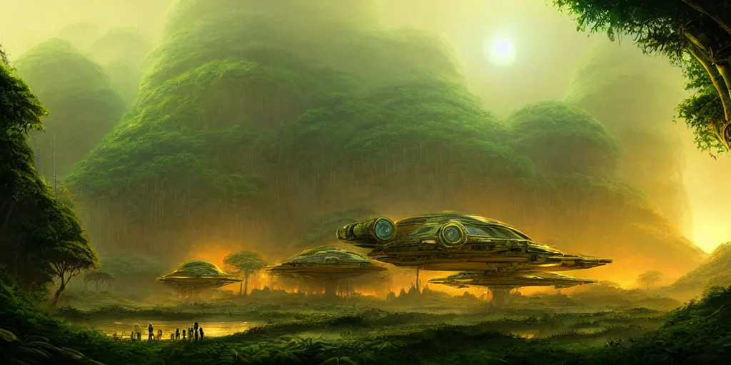 Prompt: an intricate concept art of a spaceship landing on a golden city in the middle of a jungle, tribe huts in the jungle, large alien trees and wild glowing plants, sci - fi art, star wars inspired, cinematic lighting, artstation, art by tony sart,