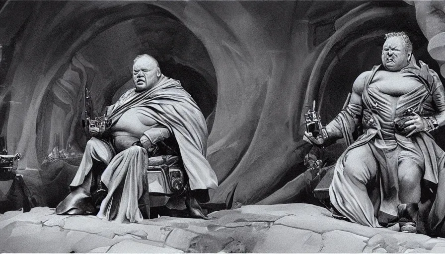 Image similar to ray winstone as baron harkonnen sitting on throne in dystopian science fiction hall in 1982 movie dune, by boris vallejo