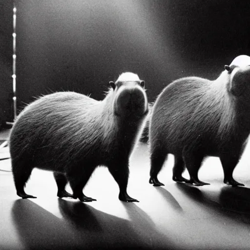 Prompt: black and white photo of a capybara band with bowl haircuts on the Ed Sullivan Show in 1965, cinematic lighting, light rays, ultra realistic, photorealistic, volumetric lighting, photography