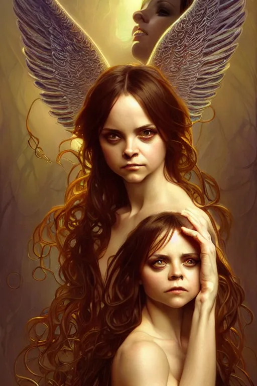 Image similar to angels that look like christina ricci dancing with snakes, fantasy, amber eyes, face, long hair, intricate, elegant, highly detailed, digital painting, artstation, concept art, smooth, sharp focus, illustration, art by artgerm and greg rutkowski and alphonse mucha