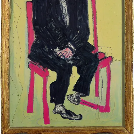 Prompt: painting of a man sitting on a chair, staring at you, by georg baselitz