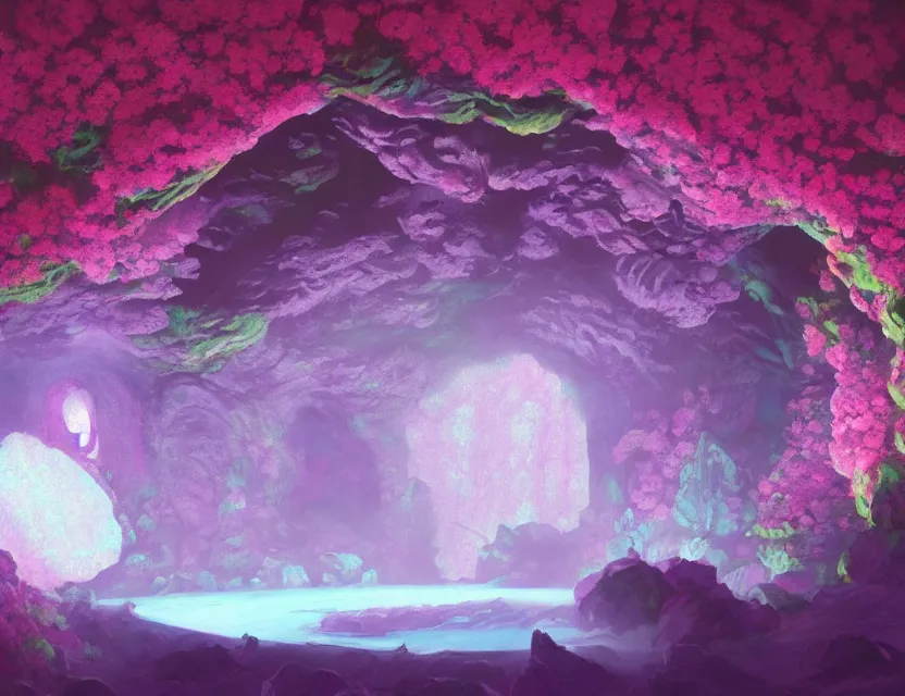 Prompt: vaporwave nightclub in a cherry blossom dripstone cave. oil painting by award - winning concept artist. backlighting, chiaroscuro, field of depth.