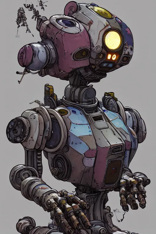 Image similar to a study of cell shaded portrait of a mech robot as Borderlands 3 concept art, llustration, post grunge, concept art by josan gonzales and wlop, by james jean, Victo ngai, David Rubín, Mike Mignola, Laurie Greasley, highly detailed, sharp focus, alien, Trending on Artstation, HQ, deviantart, art by artgem