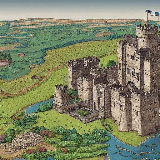 Image similar to an isometric view of medieval castle in the middle of england, illustration, art, hyper detailed