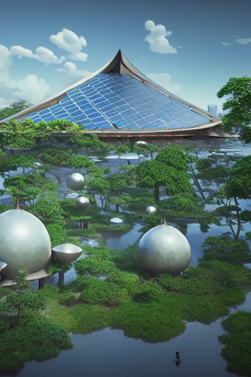 Image similar to expo 6 7 pavillion, solarpunk, studio ghibli, jean - baptiste monge, octane render, 4 k, symmetry