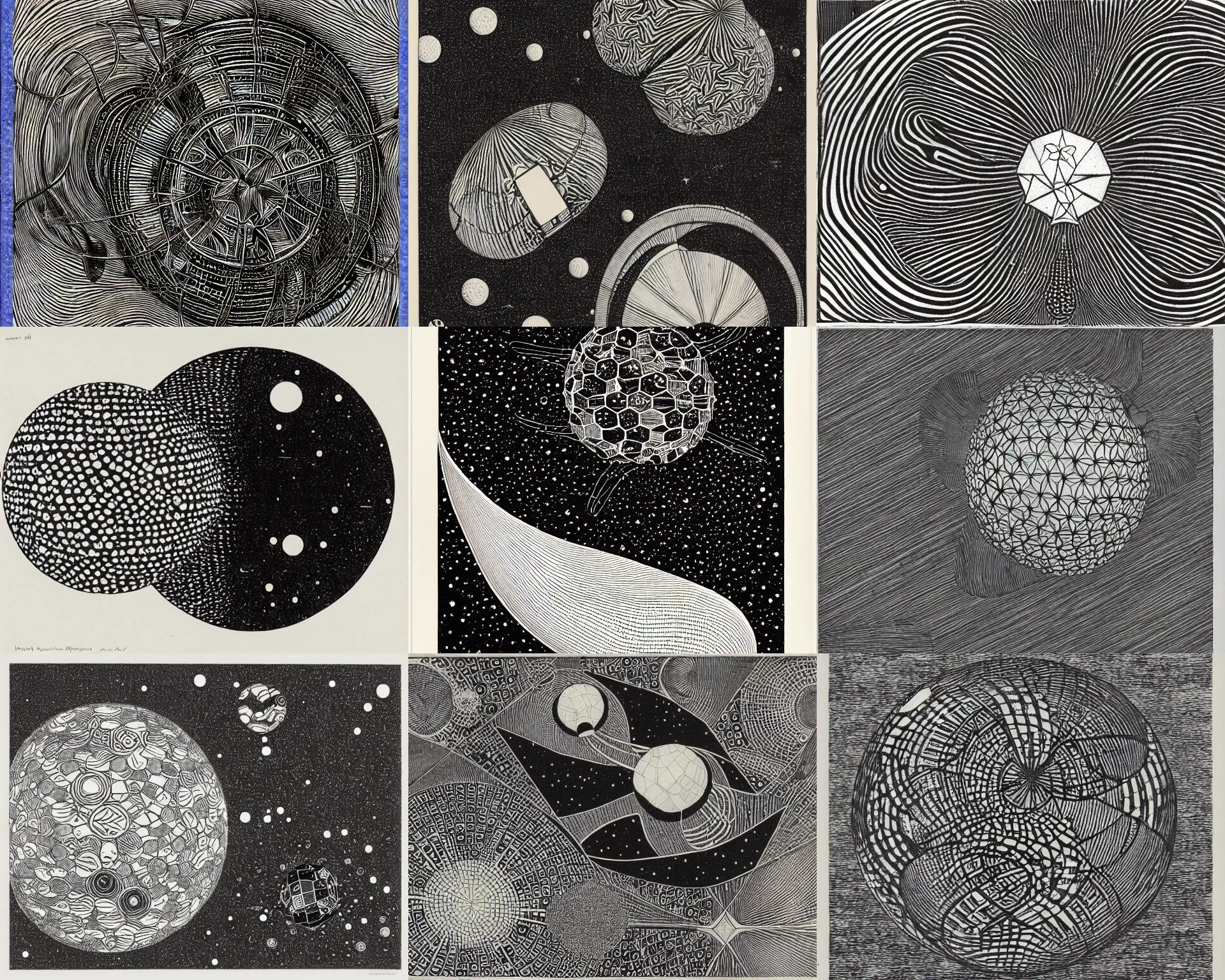 Prompt: an echinoderm floating in outer space, drawn by m. c. escher and damien hirst and gustav klimt. woodblock, monochrome, 3 d, geometric, lithograph, black background, hd