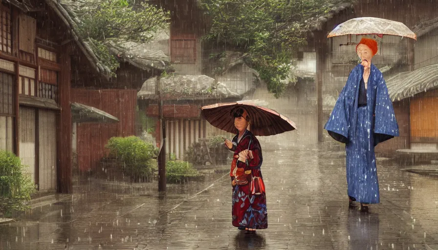 Image similar to old lady with her umbrella in rustic japanese village, raining, paint by hiromu arakawa, hyperdetailed, artstation, cgsociety, 8 k