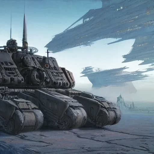 Image similar to a anthromorphic humanoid tank in the style of Ralph McQuarrie/Syd Mead/John Berkey/Jean Giraud detailed realistic HD 8k High Resolution
