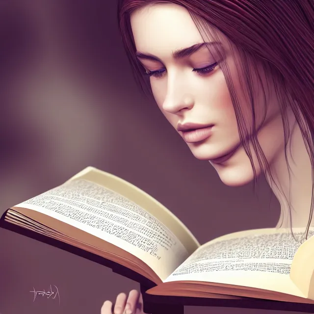 Image similar to beautiful girl reading a book, her hair flowing down, highly detailed, 4 k, hdr, smooth, sharp focus, high resolution, award - winning photo, artgerm, photorealistic