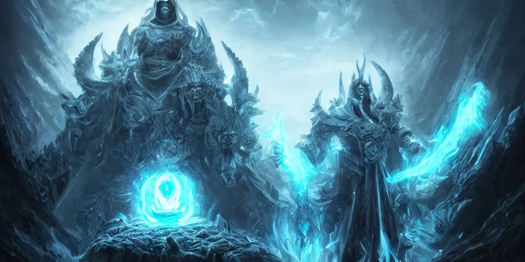 Prompt: the lich king absorbing the souls of living beings around it, concept art, digital illustration, trending on artstation, deviantart, artgerm, epic composition, masterpiece, highly detailed, advanced technique, ambient lighting, wlop, ross draws