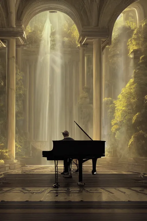 Image similar to Mac Miller playing the piano in the middle of a marble palace in Heaven, Halo, RIP, Heavenly, Divinity, waterfalls, beams of golden light, Hope, Ethereal, Symmetry, environment concept, Atmospheric Lighting, artstation trending, ladders, angelic, Rendered in Octane, trending on artstation, cgsociety, moody lighting rendered by octane engine, environment 8K artstation, cinematic lighting, intricate details, 4k detail post processing, hyperrealistic, ultra detailed cinematic