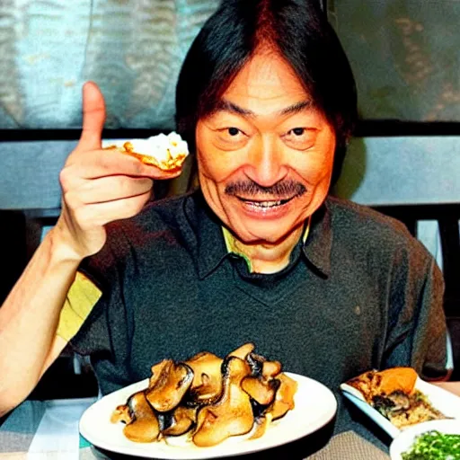 Image similar to Shigeru Miyamoto eating a plate of super mushrooms at an Italian restaurant, photograph, detailed face