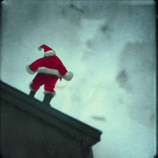 Image similar to a grainy realistic photograph of santa ontop of a rooftop climbing down a chimney at night, shot on an old polaroid camera, grainy vhs texture 4 k, realistic, unreal engine 5, sharp details, 3 0 0 dpi