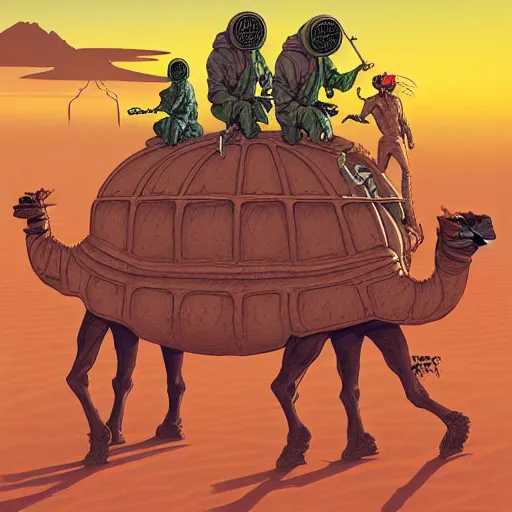 Prompt: several stoner merchants in robes with integrated bong gas mask appliances, trucking bales of herbs across an alien desert with camel-like creatures in tow. Album art by Arik Roper and Jean Giraud