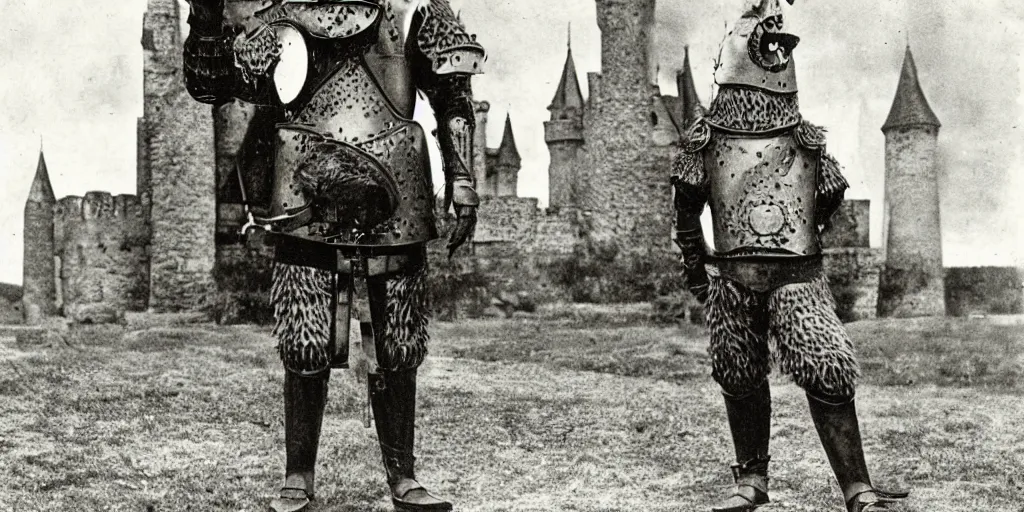 Prompt: anthropomorphic furry wolf in armor standing tall in front of a castle, 1900s picture