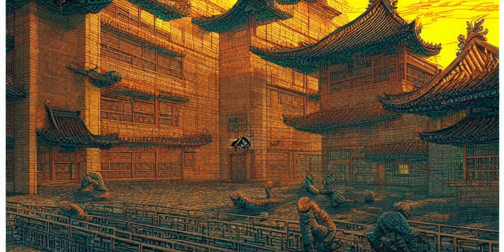 Image similar to artwork of a chinese prison by dan mumford and toshi yoshida and peter doig, vintage scifi, highly detailed, dramatic lighting, 8 k