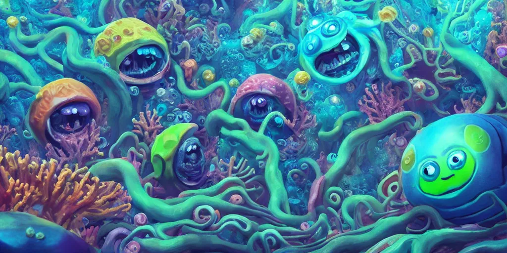 Image similar to of a colorful deep sea under water with strange cute friendly happy creatures with huge eyes, mouth, long tongue and round teeth appearing from sandy coral, in the style of gehry and gaudi, macro lens, shallow depth of field, ultra detailed, digital painting, trending artstation, concept art, illustration, cinematic lighting, photorealism, epic, octane render