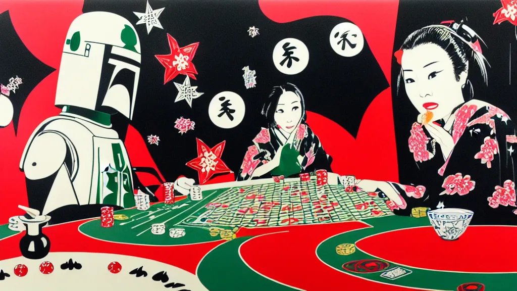 Prompt: woman in a black japanese kimono, sitting at an extremely detailed poker table with the boba fett, sake on the table, fireworks and stars on the background, by andy warhol, by roy liechtestein, canvas, acrylic paint, ivory palette, 4 k, ultra - hd