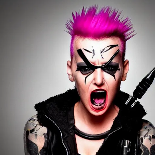 Image similar to neonpunk anarchist with mohawk and cyber implants on face, fuming, angry, grinning