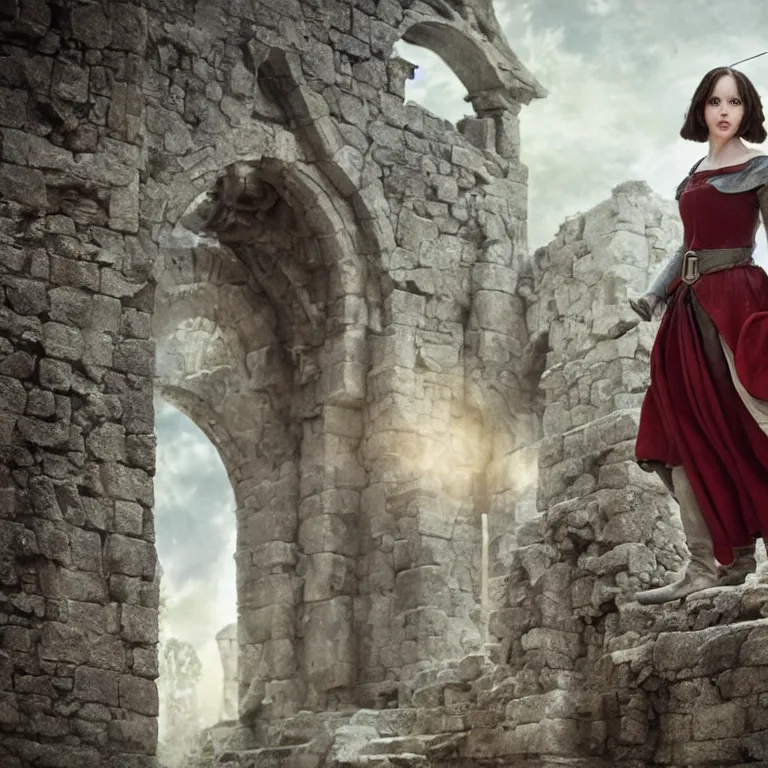 Image similar to portrait of felicity jones as a beautiful medieval maiden in a stone courtyard, confident pose, coherent, insane detail, concept art, character concept, cinematic lighting, global illumination radiating a glowing aura