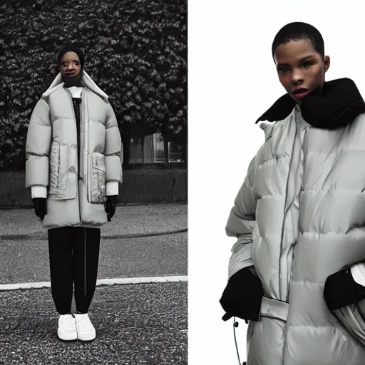 Image similar to realistic photoshooting for a new acne studio lookbook, color film photography, close up, model is wearing a puffer jacket, photo of a woman, photo in style of tyler mitchell, 3 5 mm, vetements, balenciaga, commes des garcon
