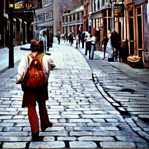 Image similar to traveler in time on the old street, seventies, photorealistic