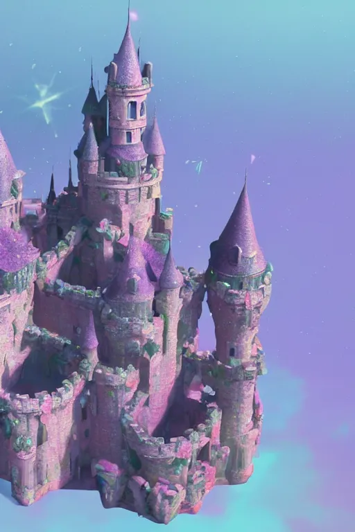 Image similar to multi level fairy castle, calm, tranquil, faded effect, detailed, vaporwave colors, render by substance designer