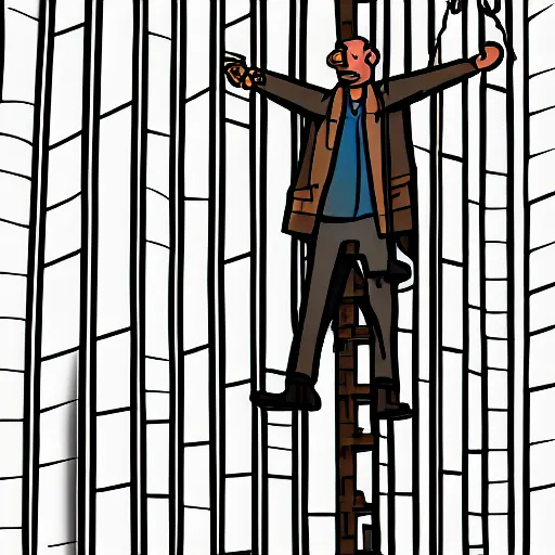 Image similar to a man balancing on a string between 2 buildings, in the style of scanner darkly, cell shaded