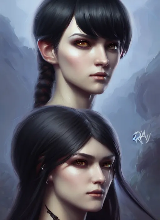 Prompt: a _ fantasy _ style _ portrait _ painting _ of young adult, black fringe hair, round face, rpg dnd oil _ painting _ unreal _ 5 _ daz. _ rpg _ portrait _ extremely _ detailed _ artgerm _ greg _ rutkowski _ greg