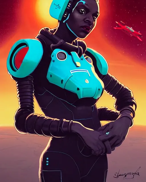 Image similar to sojourn from overwatch, african canadian, gray hair, teal silver red, character portrait, portrait, close up, concept art, intricate details, highly detailed, vintage sci - fi poster, retro future, vintage sci - fi art, in the style of chris foss, rodger dean, moebius, michael whelan, and gustave dore